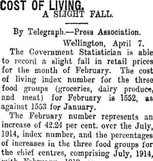 COST OF LIVING. (Taranaki Daily News 8-4-1919)