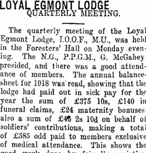 LOYAL EGMONT LODGE. (Taranaki Daily News 2-4-1919)