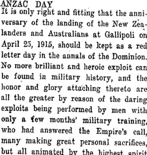 ANZAC DAY. (Taranaki Daily News 25-4-1919)