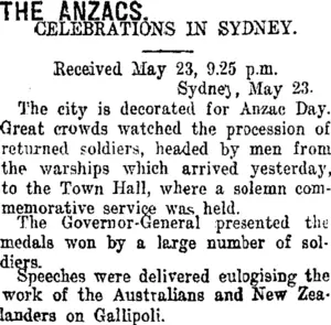 THE ANZACS. (Taranaki Daily News 23-5-1919)