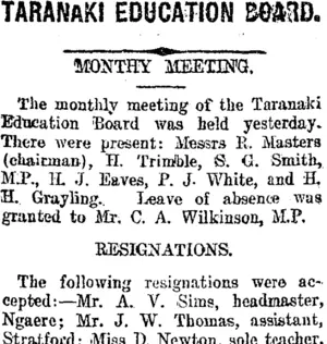 TARANAKI EDUCATION BOARD. (Taranaki Daily News 12-6-1919)
