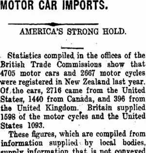 MOTOR CAR IMPORTS. (Taranaki Daily News 13-6-1919)