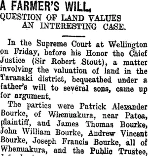 A FARMER'S WILL. (Taranaki Daily News 25-6-1919)