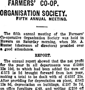 FARMERS' CO-OP. ORGANISATION SOCIETY. (Taranaki Daily News 23-6-1919)