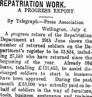 REPATRIATION WORK. (Taranaki Daily News 5-7-1919)