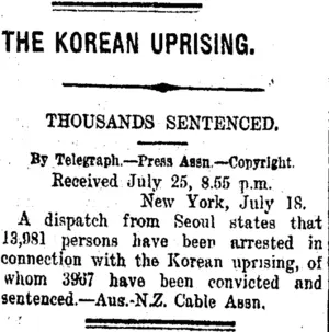 THE KOREAN UPRISING. (Taranaki Daily News 26-7-1919)