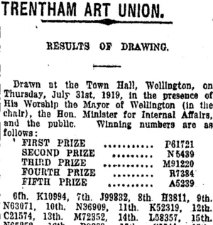 TRENTHAM ART UNION. (Taranaki Daily News 6-8-1919)