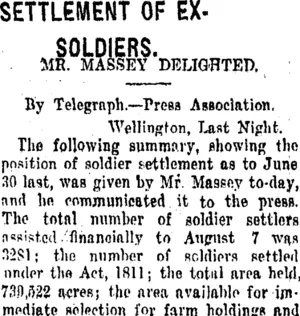 SETTLEMENT OF EXSOLDIERS. (Taranaki Daily News 9-8-1919)