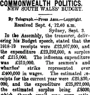COMMONWEALTH POLITICS. (Taranaki Daily News 4-9-1919)