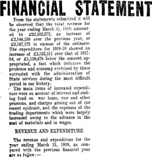 FINANCIAL STATEMENT (Taranaki Daily News 24-9-1919)