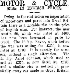 MOTOR & CYCLE. (Taranaki Daily News 27-9-1919)
