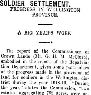 SOLDIER SETTLEMENT. (Taranaki Daily News 25-10-1919)