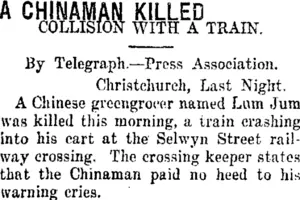 A CHINAMAN KILLED. (Taranaki Daily News 8-11-1919)