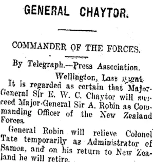 GENERAL CHAYTOR. (Taranaki Daily News 28-11-1919)