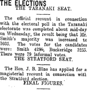 THE ELECTIONS. (Taranaki Daily News 27-12-1919)