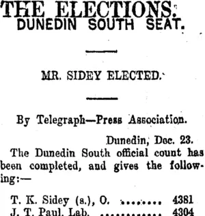 THE ELECTIONS. (Taranaki Daily News 23-12-1919)