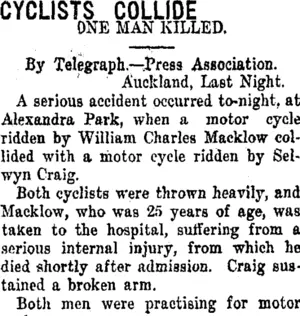 CYCLISTS COLLIDE. (Taranaki Daily News 7-1-1920)