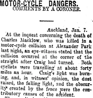 MOTOR-CYCLE DANGERS. (Taranaki Daily News 10-1-1920)