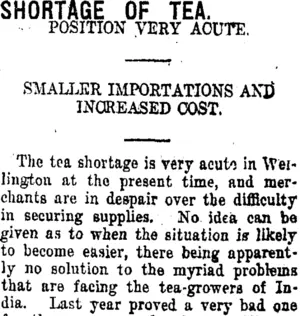 SHORTAGE OF TEA. (Taranaki Daily News 22-1-1920)
