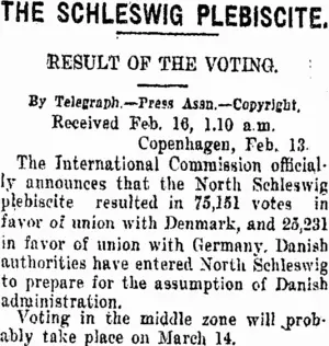 THE SCHLESWIG PLEBISCITE. (Taranaki Daily News 16-2-1920)