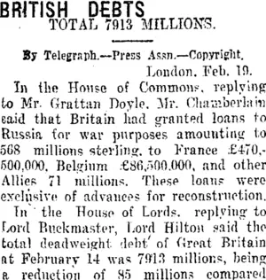 BRITISH DEBTS. (Taranaki Daily News 23-2-1920)