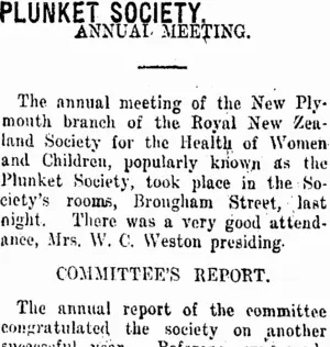PLUNKET SOCIETY. (Taranaki Daily News 10-4-1920)