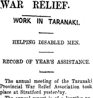 WAR RELIEF. (Taranaki Daily News 27-5-1920)