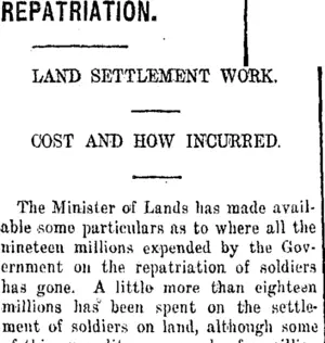 REPATRIATION. (Taranaki Daily News 29-5-1920)