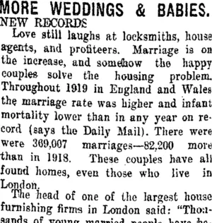 MORE WEDDINGS & BABIES. (Taranaki Daily News 1-6-1920)