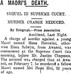 A MAORI'S DEATH. (Taranaki Daily News 2-6-1920)