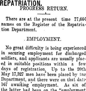 REPATRIATION. (Taranaki Daily News 12-6-1920)
