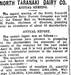 NORTH TARANAKI DAIRY CO. (Taranaki Daily News 23-6-1920)