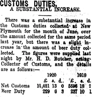 CUSTOMS DUTIES. (Taranaki Daily News 1-7-1920)