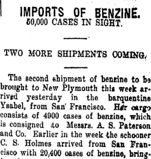 IMPORTS OF BENZINE. (Taranaki Daily News 10-7-1920)