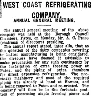 WEST COAST REFRIGERATING COMPANY. (Taranaki Daily News 26-8-1920)