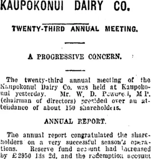 KAUPOKONUI DAIRY CO. (Taranaki Daily News 7-9-1920)
