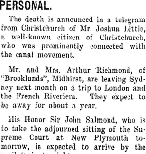 PERSONAL. (Taranaki Daily News 14-9-1920)