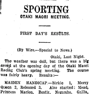 SPORTING (Taranaki Daily News 28-9-1920)