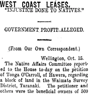 WEST COAST LEASES. (Taranaki Daily News 19-10-1920)
