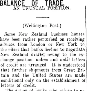 BALANCE OF TRADE. (Taranaki Daily News 30-10-1920)