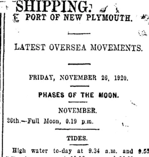 SHIPPING. (Taranaki Daily News 26-11-1920)