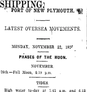SHIPPING. (Taranaki Daily News 22-11-1920)