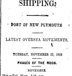 SHIPPING. (Taranaki Daily News 23-11-1920)