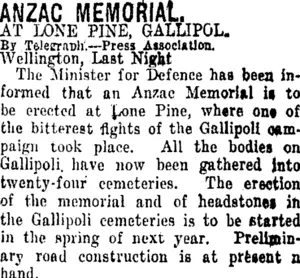 ANZAC MEMORIAL. (Taranaki Daily News 14-12-1920)