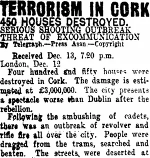 TERRORISM IN CORK (Taranaki Daily News 14-12-1920)
