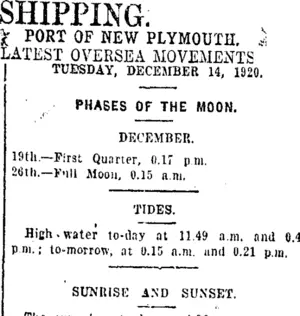 SHIPPING. (Taranaki Daily News 14-12-1920)