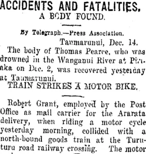 ACCIDENTS AND FATALITIES. (Taranaki Daily News 14-12-1920)