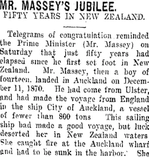 MR. MASSEY'S JUBILEE. (Taranaki Daily News 14-12-1920)