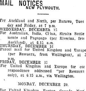 MAIL NOTICES. (Taranaki Daily News 14-12-1920)