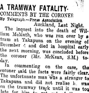 A TRAMWAY FATALITY. (Taranaki Daily News 14-12-1920)